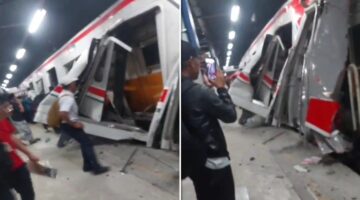 Kondisi gerbong KRL Commuter Line yang ringsek parah usai ditabrak KA Argo Bromo Anggrek di Stasiun Bekasi Timur, Senin (27/4/2026) malam. Sejumlah penumpang dan warga tampak berada di sekitar lokasi dengan kerusakan berat terlihat pada bagian pintu dan bodi gerbong. (Foto kolase).