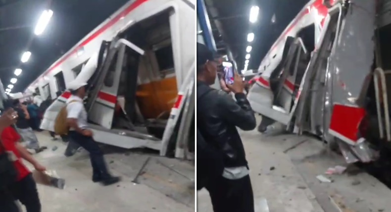 Kondisi gerbong KRL Commuter Line yang ringsek parah usai ditabrak KA Argo Bromo Anggrek di Stasiun Bekasi Timur, Senin (27/4/2026) malam. Sejumlah penumpang dan warga tampak berada di sekitar lokasi dengan kerusakan berat terlihat pada bagian pintu dan bodi gerbong. (Foto kolase).