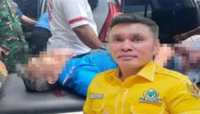 Ketua DPD II Partai Golkar Maluku Tenggara, Agrapinus Rumatora alias Nus Kei, saat dievakuasi usai penikaman, serta potret dirinya dalam atribut Partai Golkar. (Foto Kolase)