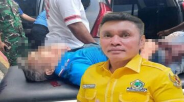 Ketua DPD II Partai Golkar Maluku Tenggara, Agrapinus Rumatora alias Nus Kei, saat dievakuasi usai penikaman, serta potret dirinya dalam atribut Partai Golkar. (Foto Kolase)