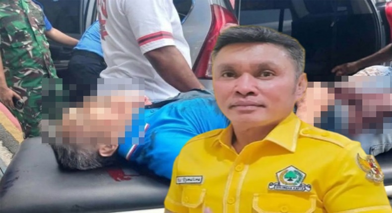 Ketua DPD II Partai Golkar Maluku Tenggara, Agrapinus Rumatora alias Nus Kei, saat dievakuasi usai penikaman, serta potret dirinya dalam atribut Partai Golkar. (Foto Kolase)