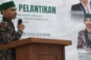 Ketua Umum HMI KOMDAK Gowa terpilih, Kurniawan, saat menyampaikan sambutan dalam pelantikan pengurus periode 2026–2027 di Aula PPG Kampus III UIN Alauddin Makassar.
