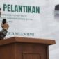 Ketua Umum HMI KOMDAK Gowa terpilih, Kurniawan, saat menyampaikan sambutan dalam pelantikan pengurus periode 2026–2027 di Aula PPG Kampus III UIN Alauddin Makassar.