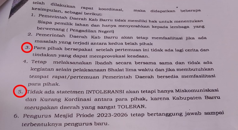 Hasil mediasi yang difasilitasi Pemda Barru, terutama poin 3 dan 5, tidak diindahkan oleh pihak PW Muhammadiyah.