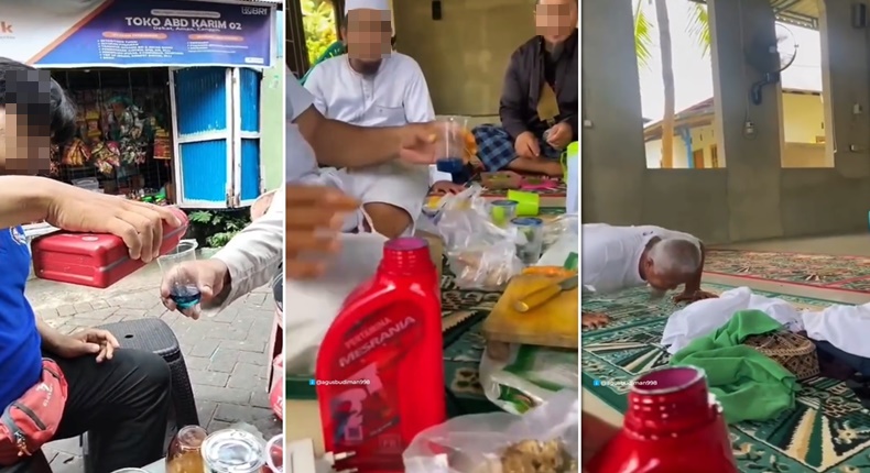 Tangkapan layar video memperlihatkan sejumlah pria di Makassar menenggak oli secara bergiliran, baik di pinggir jalan maupun di dalam masjid, aksi yang kemudian viral di media sosial dan menuai kecaman publik. (Foto kolase)