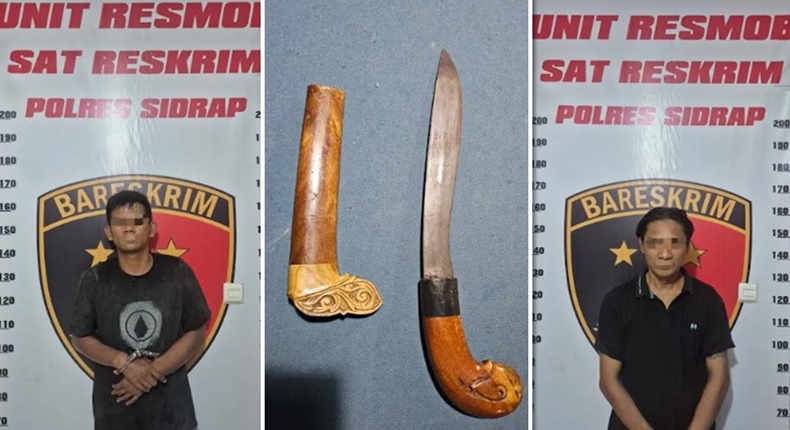 Dua pelaku pemerasan bersenjata badik di SPBU Wala, Sidrap, berhasil diamankan polisi bersama barang bukti berupa sebilah badik. (Foto kolase)