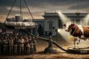 Ilustrasi teatrikal mendemonstrasikan hancurnya skala prioritas anggaran negara. Di atas tanah yang retak akibat krisis, timbangan keadilan anggaran memperlihatkan kontras yang absolut (Visual AI)