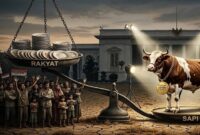 Ilustrasi teatrikal mendemonstrasikan hancurnya skala prioritas anggaran negara. Di atas tanah yang retak akibat krisis, timbangan keadilan anggaran memperlihatkan kontras yang absolut (Visual AI)