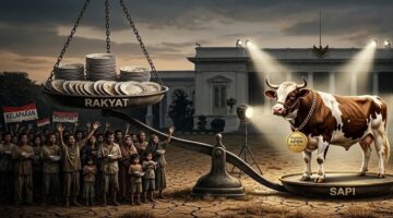 Ilustrasi teatrikal mendemonstrasikan hancurnya skala prioritas anggaran negara. Di atas tanah yang retak akibat krisis, timbangan keadilan anggaran memperlihatkan kontras yang absolut (Visual AI)