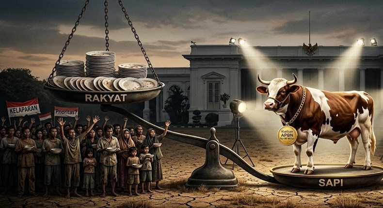 Ilustrasi teatrikal mendemonstrasikan hancurnya skala prioritas anggaran negara. Di atas tanah yang retak akibat krisis, timbangan keadilan anggaran memperlihatkan kontras yang absolut (Visual AI)
