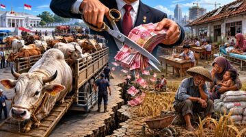 Ilustrasi polemik penggunaan APBN untuk pengadaan sapi kurban Presiden di tengah tekanan ekonomi rakyat. (Visual AI)