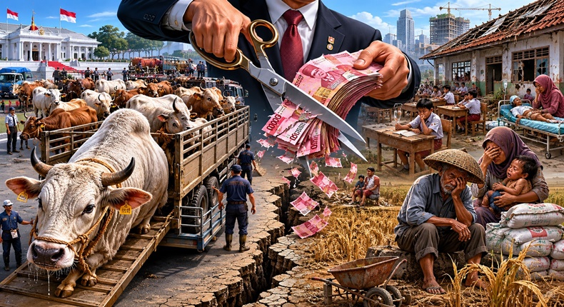 Ilustrasi polemik penggunaan APBN untuk pengadaan sapi kurban Presiden di tengah tekanan ekonomi rakyat. (Visual AI)