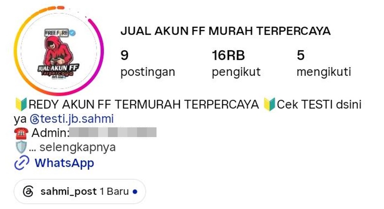 Tangkapan layar akun media sosial yang diduga terkait transaksi pembelian akun game yang dilaporkan oleh korban.