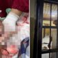 Foto close-up penanganan medis pada luka tebas serius di telapak tangan kiri Hz. Di sebelah kanan, foto menunjukkan Hz, seorang tokoh masyarakat dengan kemeja dan peci putih, berdiri di dalam sel tahanan Polsek. (Kolase)