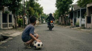 Ilustrasi bocah yang kakinya tertabrak sepeda motor dan penabrak langsung meninggalkan bocah tersebut setelah bermain bola di lapangan (Visual AI)