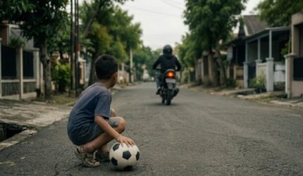 Ilustrasi bocah yang kakinya tertabrak sepeda motor dan penabrak langsung meninggalkan bocah tersebut setelah bermain bola di lapangan (Visual AI)