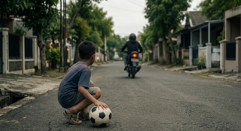 Ilustrasi bocah yang kakinya tertabrak sepeda motor dan penabrak langsung meninggalkan bocah tersebut setelah bermain bola di lapangan (Visual AI)