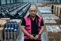 Ilustrasi Dadan Hindayana menggunakan rompi pink dan tangan diborgol dengan sejumlah beberapa pengadaan yang menjadi temuan penyidik (Visual AI)