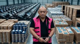 Ilustrasi Dadan Hindayana menggunakan rompi pink dan tangan diborgol dengan sejumlah beberapa pengadaan yang menjadi temuan penyidik (Visual AI)
