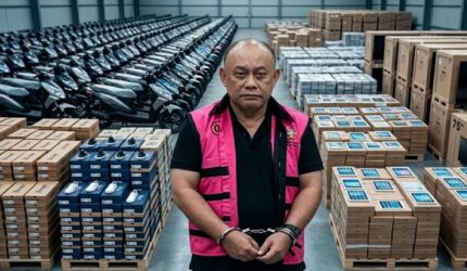 Ilustrasi Dadan Hindayana menggunakan rompi pink dan tangan diborgol dengan sejumlah beberapa pengadaan yang menjadi temuan penyidik (Visual AI)