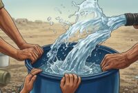 Ilustrasi, warga mengumpulkan air bersih dari saluran distribusi di Kecamatan Tallo, Makassar. (Visual AI)