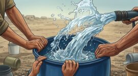 Ilustrasi, warga mengumpulkan air bersih dari saluran distribusi di Kecamatan Tallo, Makassar. (Visual AI)