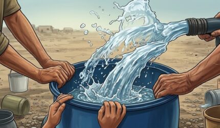 Ilustrasi, warga mengumpulkan air bersih dari saluran distribusi di Kecamatan Tallo, Makassar. (Visual AI)