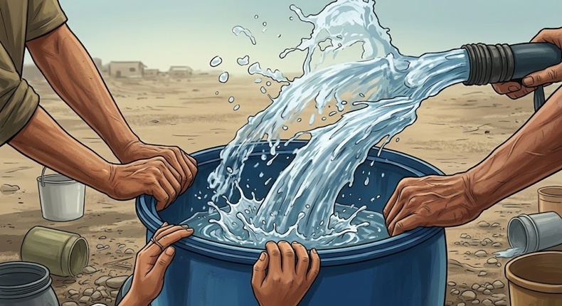Ilustrasi, warga mengumpulkan air bersih dari saluran distribusi di Kecamatan Tallo, Makassar. (Visual AI)