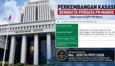 Ilustrasi Gedung Mahkamah Agung RI dipadukan dengan tangkapan layar Sistem Informasi Penelusuran Perkara (SIPP) PN Maros yang menampilkan data perkara perdata yang kini berproses di tingkat kasasi.