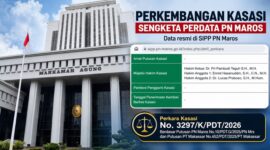 Ilustrasi Gedung Mahkamah Agung RI dipadukan dengan tangkapan layar Sistem Informasi Penelusuran Perkara (SIPP) PN Maros yang menampilkan data perkara perdata yang kini berproses di tingkat kasasi.