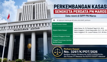 Ilustrasi Gedung Mahkamah Agung RI dipadukan dengan tangkapan layar Sistem Informasi Penelusuran Perkara (SIPP) PN Maros yang menampilkan data perkara perdata yang kini berproses di tingkat kasasi.