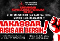 Poster Konsolidasi Terbuka Jilid 2 yang disebarkan DPP LSM GEMPAK-HAM terkait krisis air bersih dan tuntutan pertanggungjawaban Pemerintah Kota Makassar.