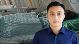 Foto profil pelaku (kanan) yang kini menjadi DPO, disandingkan dengan ilustrasi kondisi korban yang terbaring di tempat tidur setelah tiga tahun disekap dan disiksa