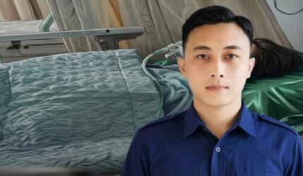 Foto profil pelaku (kanan) yang kini menjadi DPO, disandingkan dengan ilustrasi kondisi korban yang terbaring di tempat tidur setelah tiga tahun disekap dan disiksa
