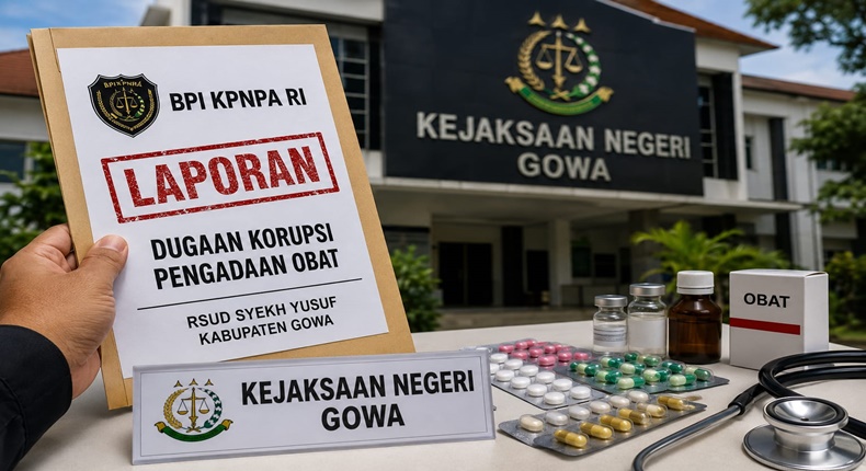 Ilustrasi laporan dugaan korupsi pengadaan obat RSUD Syekh Yusuf Kabupaten Gowa yang telah diadukan ke Kejari Gowa. (Visual AI)