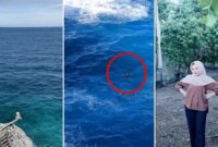 Tangkapan layar video yang memperlihatkan lokasi wisata Tebing Apparalang di Kabupaten Bulukumba, kondisi korban saat terombang-ambing di laut usai diterjang ombak (lingkaran merah), serta foto Elmi (17), siswi SMA yang dilaporkan hilang dan masih dalam pencarian tim SAR gabungan, Minggu (7/6/2026).