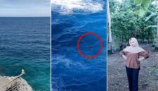 Tangkapan layar video yang memperlihatkan lokasi wisata Tebing Apparalang di Kabupaten Bulukumba, kondisi korban saat terombang-ambing di laut usai diterjang ombak (lingkaran merah), serta foto Elmi (17), siswi SMA yang dilaporkan hilang dan masih dalam pencarian tim SAR gabungan, Minggu (7/6/2026). 