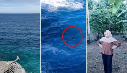 Tangkapan layar video yang memperlihatkan lokasi wisata Tebing Apparalang di Kabupaten Bulukumba, kondisi korban saat terombang-ambing di laut usai diterjang ombak (lingkaran merah), serta foto Elmi (17), siswi SMA yang dilaporkan hilang dan masih dalam pencarian tim SAR gabungan, Minggu (7/6/2026).