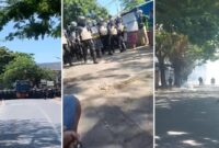 Situasi ricuh saat eksekusi lahan di Kompleks Aditarina, Jalan Borong Raya, Makassar, Selasa (21/7/2026). Aparat gabungan dengan kendaraan taktis (rantis) dan tameng anti-huru-hara dikerahkan untuk menembus blokade warga yang melakukan perlawanan dengan batu, petasan, dan gas air mata. (Foto kolase).