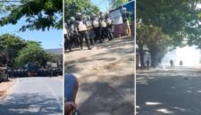 Situasi ricuh saat eksekusi lahan di Kompleks Aditarina, Jalan Borong Raya, Makassar, Selasa (21/7/2026). Aparat gabungan dengan kendaraan taktis (rantis) dan tameng anti-huru-hara dikerahkan untuk menembus blokade warga yang melakukan perlawanan dengan batu, petasan, dan gas air mata. (Foto kolase).