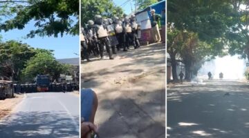 Situasi ricuh saat eksekusi lahan di Kompleks Aditarina, Jalan Borong Raya, Makassar, Selasa (21/7/2026). Aparat gabungan dengan kendaraan taktis (rantis) dan tameng anti-huru-hara dikerahkan untuk menembus blokade warga yang melakukan perlawanan dengan batu, petasan, dan gas air mata. (Foto kolase).