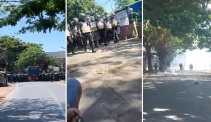 Situasi ricuh saat eksekusi lahan di Kompleks Aditarina, Jalan Borong Raya, Makassar, Selasa (21/7/2026). Aparat gabungan dengan kendaraan taktis (rantis) dan tameng anti-huru-hara dikerahkan untuk menembus blokade warga yang melakukan perlawanan dengan batu, petasan, dan gas air mata. (Foto kolase).