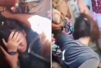 Pencopet wanita di Pasar Panjalingan Maros dikerumuni massa dalam posisi terduduk di tanah, beberapa warga terlihat emosi hingga menarik rambut dan memukul pelaku, meski sebagian warga lainnya berupaya menenangkan situasi agar aksi tidak semakin brutal. (Foto kolase)