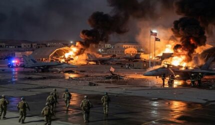 Markas jet tempur F-18 AS di Pangkalan Udara Azraq terbakar hebat setelah menjadi sasaran gempuran drone Iran (Visual AI)