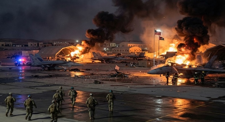 Markas jet tempur F-18 AS di Pangkalan Udara Azraq terbakar hebat setelah menjadi sasaran gempuran drone Iran (Visual AI)