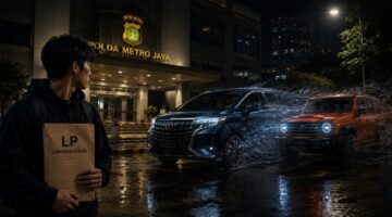Ilustrasi seorang pelajar membawa dokumen laporan polisi di depan Polda Metro Jaya usai melaporkan dugaan penggelapan dua mobil mewah yang disebut bermula dari janji pencairan pinjaman Rp1,5 miliar. (Visual AI)