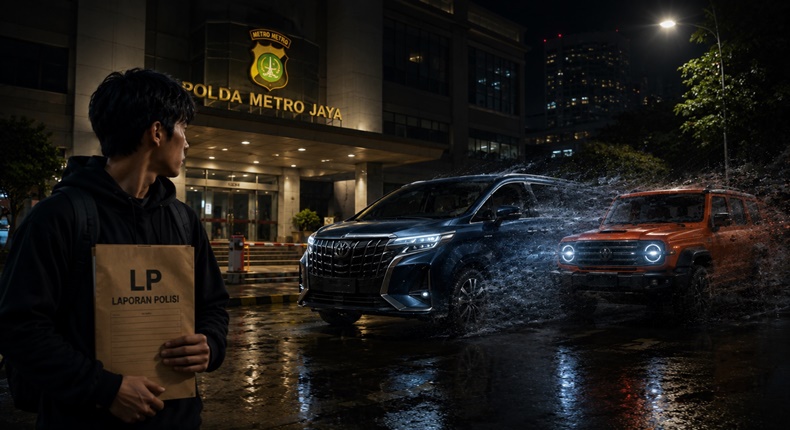 Ilustrasi seorang pelajar membawa dokumen laporan polisi di depan Polda Metro Jaya usai melaporkan dugaan penggelapan dua mobil mewah yang disebut bermula dari janji pencairan pinjaman Rp1,5 miliar. (Visual AI)
