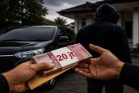 Ilustrasi seorang pria terlihat menyerahkan sejumlah uang tunai kepada seseorang dalam transaksi jual beli mobil (Visual AI)