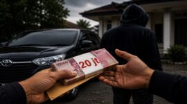 Ilustrasi seorang pria terlihat menyerahkan sejumlah uang tunai kepada seseorang dalam transaksi jual beli mobil (Visual AI)