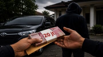 Ilustrasi seorang pria terlihat menyerahkan sejumlah uang tunai kepada seseorang dalam transaksi jual beli mobil (Visual AI)